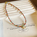 Multicolor Seed Bead Necklace Square White Pendant Gold view 2
