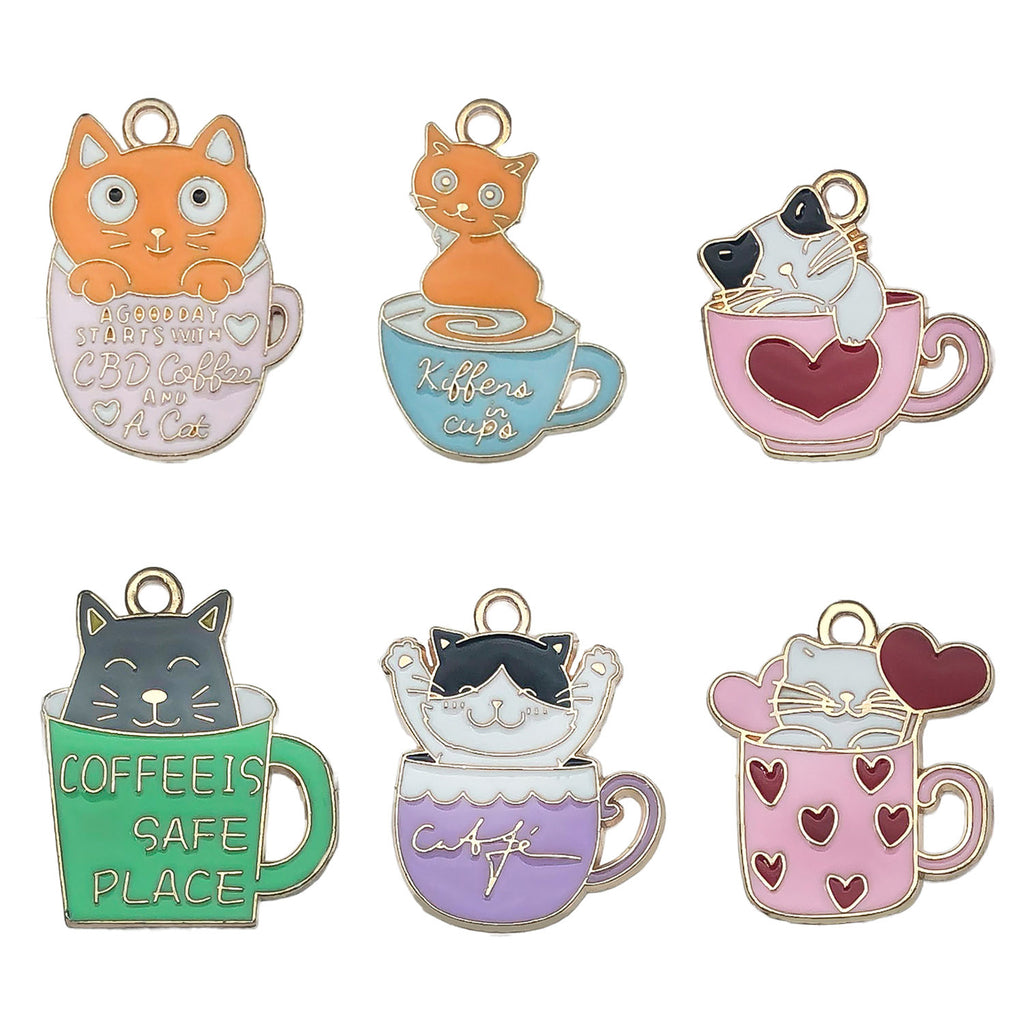 Zinc Alloy Heart Tea Cup Cat charm pendants for DIY earrings necklaces keychains