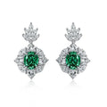 Green Oval Floral Halo Long Drop Earrings In Silver Tone view 5