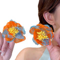 Oversized Blue and Orange Sheer Fabric Flower Earrings view 5