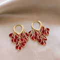 Red Teardrop Cluster Earrings With Gold Tone Open Hoops view 6