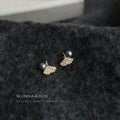 Gold-Tone Mini Pavé CZ Ginkgo Leaf Stud Earrings Gray Pearl view 3