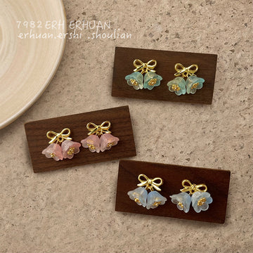 Gold Tone Bow Bell Flower Cluster Stud Earrings In Aqua And Pink