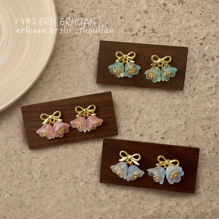 Gold Tone Bow Bell Flower Cluster Stud Earrings In Aqua And Pink