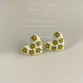 Cream Heart Stud Earrings Olive Green Flower Motifs view 1