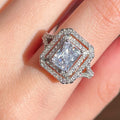 Silver Tone Rectangular Double Halo Crystal Ring Fashion Jewelry view 2