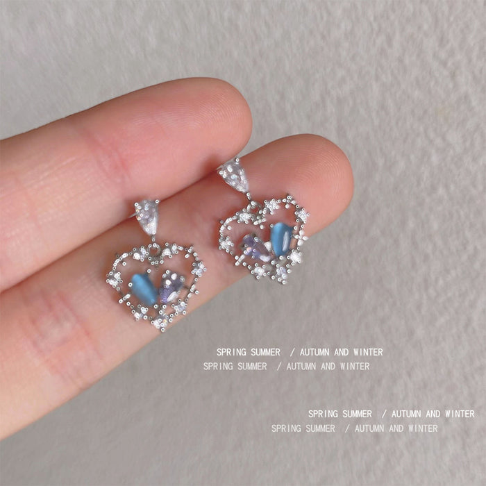Silver Open Heart Blue Purple Crystal Drop Stud Earrings
