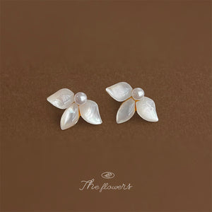 Gold Tone White Pearl Center And Shell Leaf Stud Earrings
