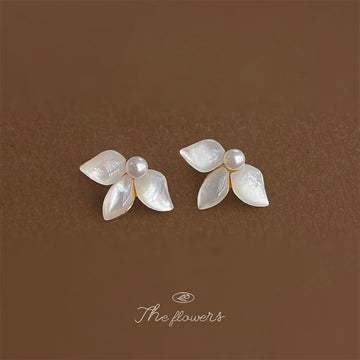 Gold Tone White Pearl Center And Shell Leaf Stud Earrings