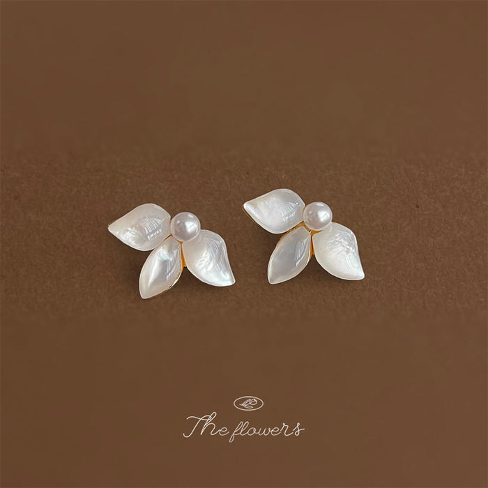 Gold Tone White Pearl Center And Shell Leaf Stud Earrings