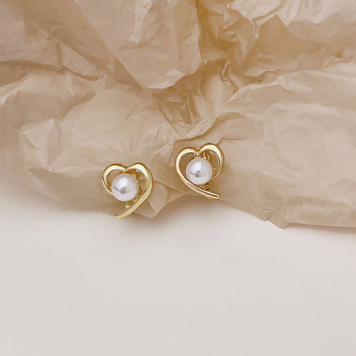 White Pearl Look Heart Outline Gold Tone Stud Earrings