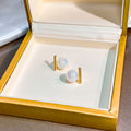 Gold Bar White Pearl Minimal Asymmetric Stud Earrings view 2