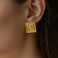 Square Greek Key Stud Earrings in Polished Gold Tone view 4