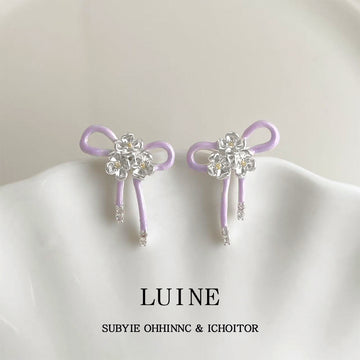 Silver Tone Lavender Ribbon Bow Clear Stone Flower Stud Earrings