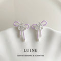 Silver Tone Lavender Ribbon Bow Clear Stone Flower Stud Earrings view 1