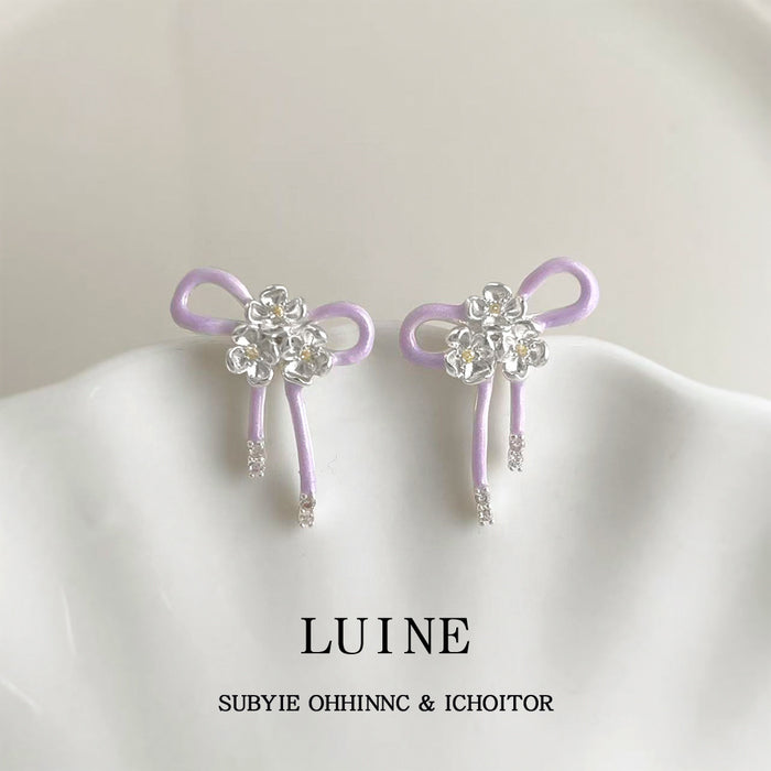 Silver Tone Lavender Ribbon Bow Clear Stone Flower Stud Earrings