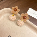 Flower and Pom Pom Drop Stud Earrings in Two Colors view 7