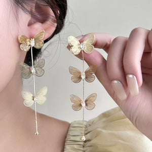 Triple Butterfly Drop Earrings in Gold-Tone or Silver-Tone Brass