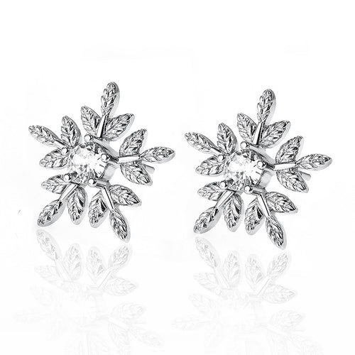 Silver Tone Layered Snowflake Clear Stone Stud Earrings - front product view