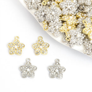 Five-Petal Rhinestone Flower Charms, Gold or Silver-Tone Alloy
