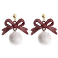 Burgundy Bow Drop Earrings White Fluffy Pom Ball Posts view 5