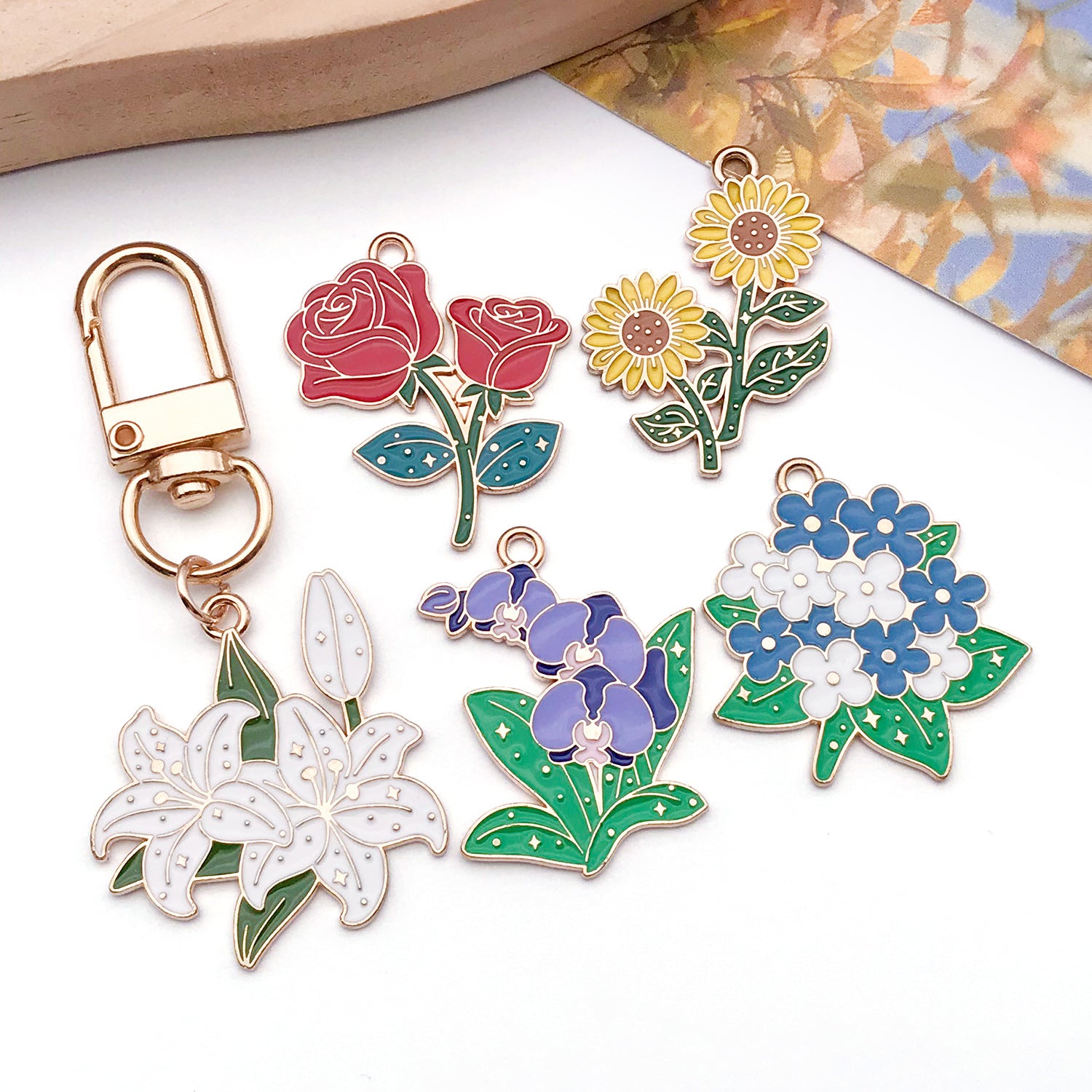 Enamel Zinc Alloy Lily Hydrangea Sunflower Bouquet Charm Pendant for DIY Necklace