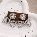 Silver Rhinestone Flower Stud Open Bow Dangle Earrings view 4
