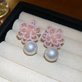 Pink Beaded Flower Stud Earrings with Round Pearl Drops view 6