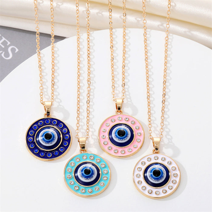 Gold Tone Round Crystal Evil Eye Pendant Necklaces in Four Colors