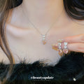 Pink Clear Heart Crystal Necklace Earring Silver Tone Set view 2