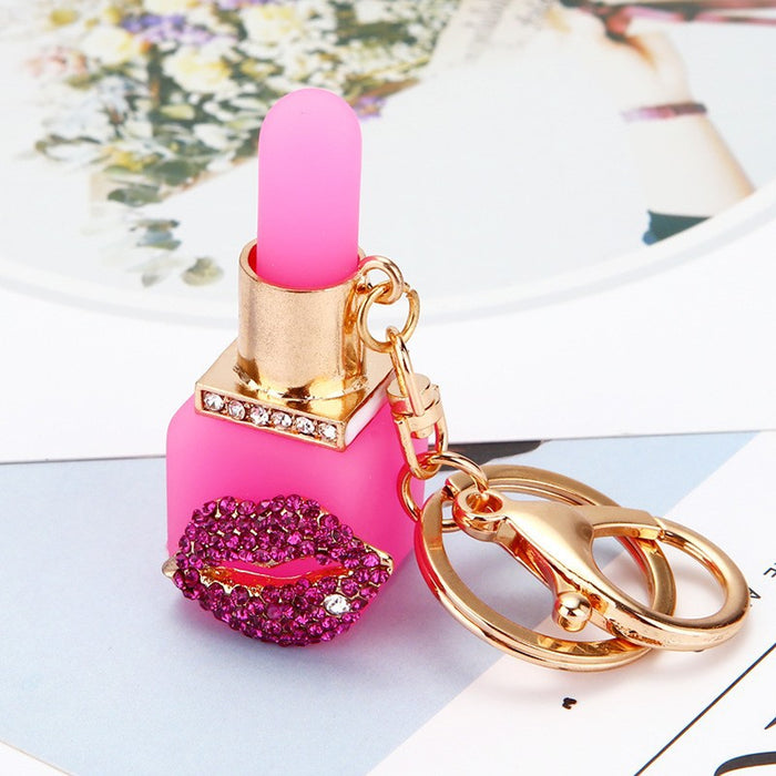 Resin Lipstick Keychain Rhinestone Lips Metal Bag Charm