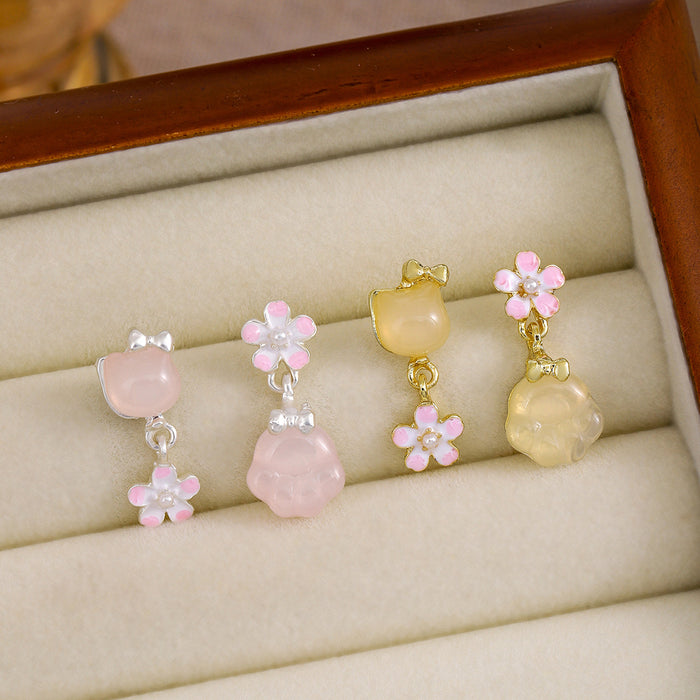 Asymmetric Yellow Cat Head And Paw Flower Drop Studs