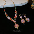 Gold Tone Multicolor Crystal Necklace And Pink Round Flower Earrings view 4