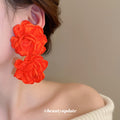 Orange Red Layered Fabric Flower Statement Stud Earrings view 3