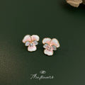 Pink White Enamel Flower Stud Earrings Gold Crystal Center view 4