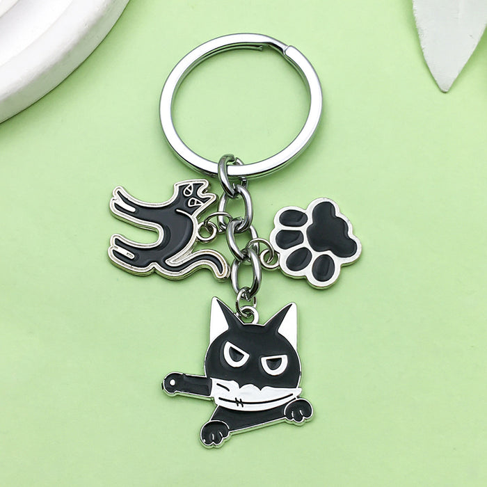 Black Cat With Knife And Paw Print Metal Keychain, Three Charms