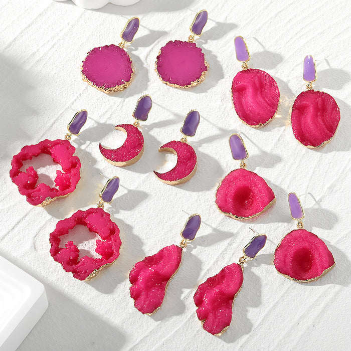 Gold Tone Magenta Druzy Style Resin Statement Stud Drop Earrings