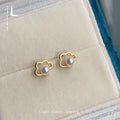 Gold Open Cloud Frame Mini Pearl Stud Earrings Pair view 1