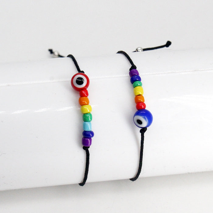 Adjustable Black Cord Rainbow Bead Evil Eye Bracelet Pair