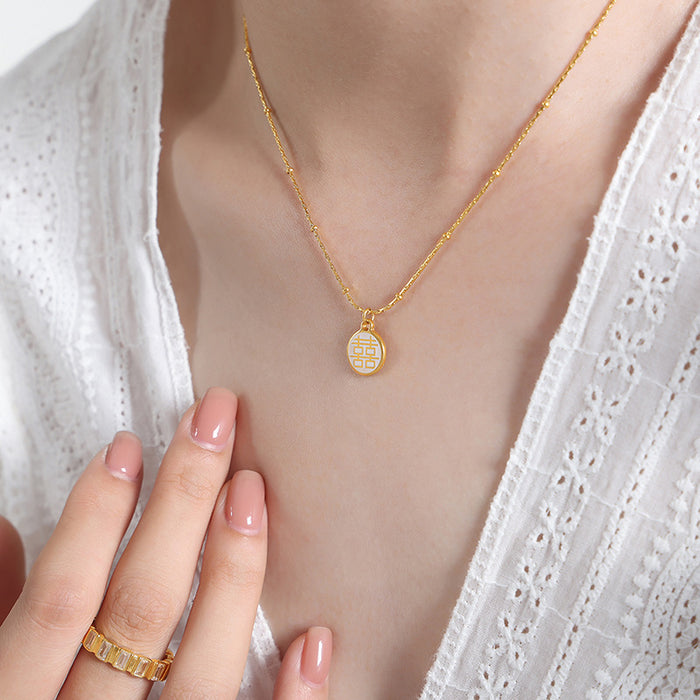 Double Sided Fu Xi Round Enamel Pendant Necklace Gold Chain