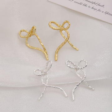 Hammered Ribbon Bow Gold and Silver Long Stud Earrings