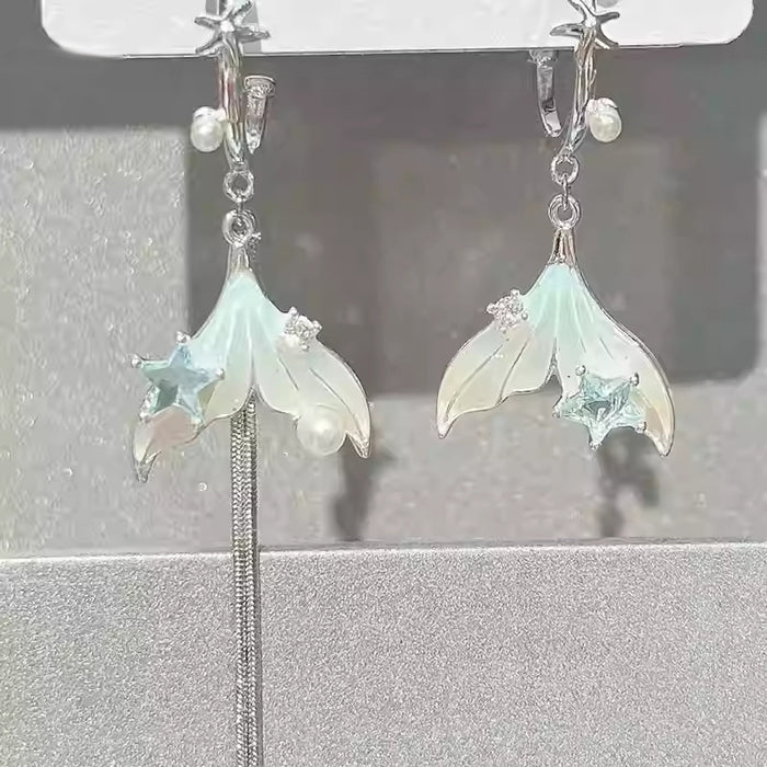 Silver Tone Iridescent Fishtail Mismatched Drop Earrings