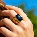 Black Enamel Striped Band Ring Gold Steel Multi Size view 2