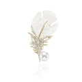 White Shell Effect Leaf Brooch With Crystal Fern and Pearl view 1