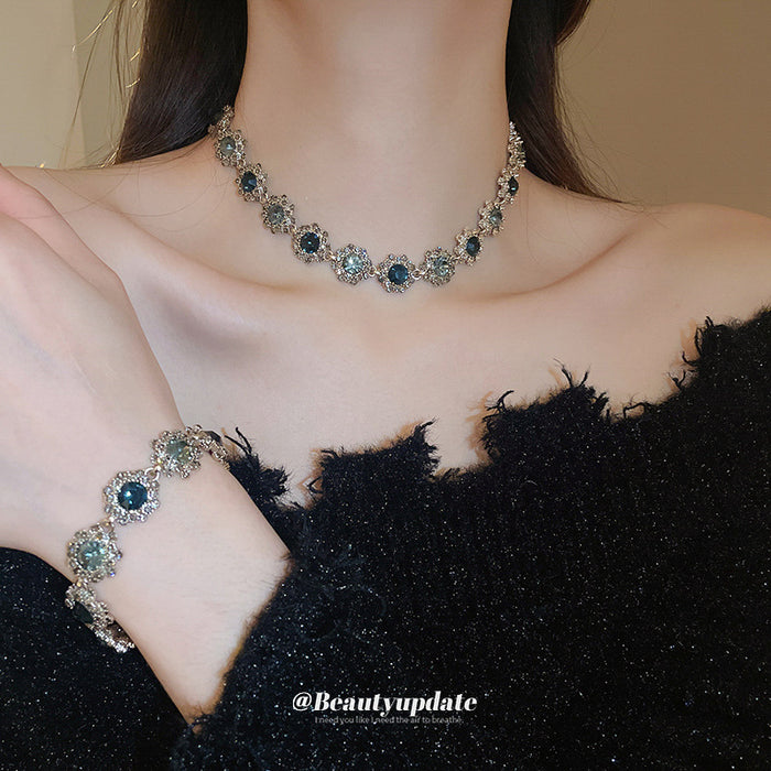 Flower Crystal Link Necklace and Bracelet Three Color Variants
