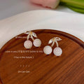 Gold Cherry Stud Earrings White Glitter Orbs CZ Leaves view 3