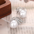 White Gold Banana Leaf Faux Pearl Stud Earrings Pair view 3
