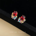 Gold-Tone Red Oval Cabochon Floral Crystal Stud Earrings view 4