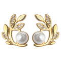 Gold Leaf Branch Pearl Stud Earrings Clear Crystal Accents view 5