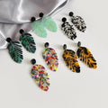 Black White Layered Leaf Long Statement Stud Earrings view 1